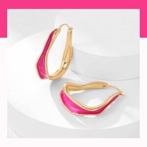 Gold Hoop Earrings w/ Hot Pink Enamel • Modern Statement Hoops